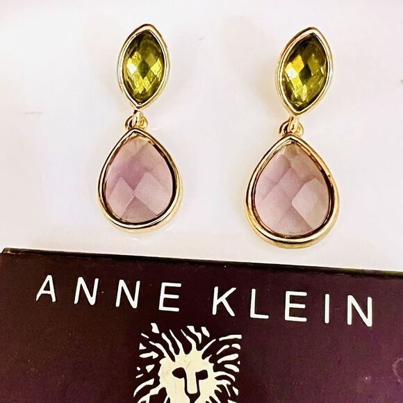 Anne Klein AK Earrings Pink Green Crystals Dangle Drop Gold Tone Pierced 1079 - Picture 1 of 8